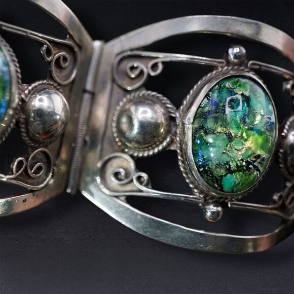 Vintage Taxco Mexico 925 Sterling Silver Link Bracelet Dragon’s Breath Cabochons - Picture 15 of 17